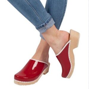 Patent Red Slip-On Clog Mules with Cream Trim